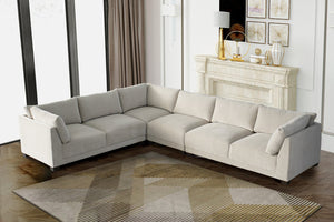 HomeRoots Beige Canvas L-Shaped Reclining Sectional Sofa with Chaise & Toss Pillows for Ultimate Comfort 674611