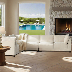 HomeRoots Beige Canvas L-Shaped Reclining Sectional Sofa with Chaise & Toss Pillows for Ultimate Comfort 674611