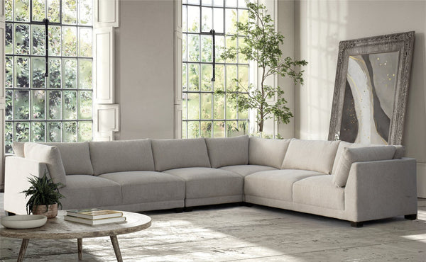 HomeRoots Beige Canvas L-Shaped Reclining Sectional Sofa with Chaise & Toss Pillows for Ultimate Comfort 674611