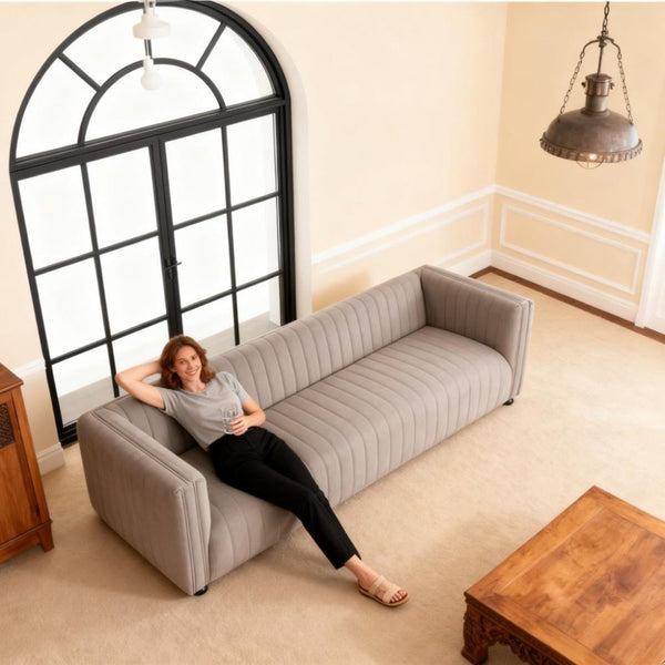 HomeRoots 98" Light Brown Fabric Sofa – Stylish Solid Wood Construction with Tufted Cushions for Comfort 674613