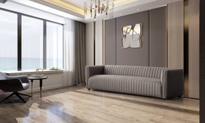HomeRoots 98" Light Brown Fabric Sofa – Stylish Solid Wood Construction with Tufted Cushions for Comfort 674613
