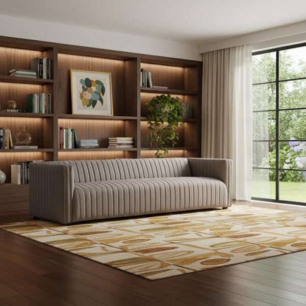 HomeRoots 98" Light Brown Fabric Sofa – Stylish Solid Wood Construction with Tufted Cushions for Comfort 674613