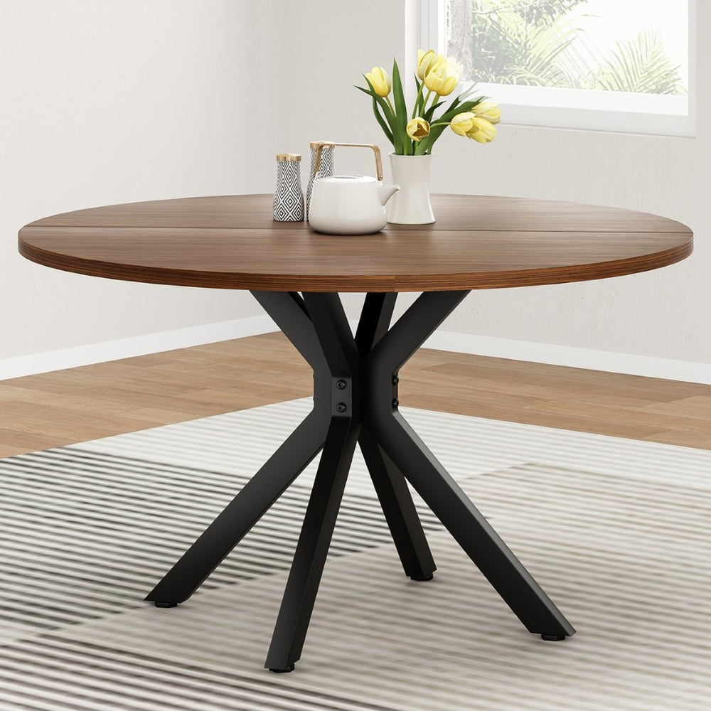 English Elm 47" Round Wood Dining Table Seats Six with Industrial Metal Base for Modern Homes T3623P433924