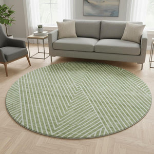HomeRoots 8' Artichoke Green & Ivory Geometric Washable Round Rug with UV Protection for Modern Homes 674619