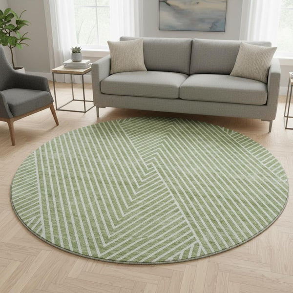 HomeRoots 8' Artichoke Green & Ivory Geometric Washable Round Rug with UV Protection for Modern Homes 674619