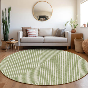 HomeRoots 8' Artichoke Green & Ivory Geometric Washable Round Rug with UV Protection for Modern Homes 674619