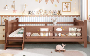 English Elm Queen Bunk Bed with Trundle Solid Pine Kids Car Themed Frame Built-in Bookshelf Natural W1580S00537