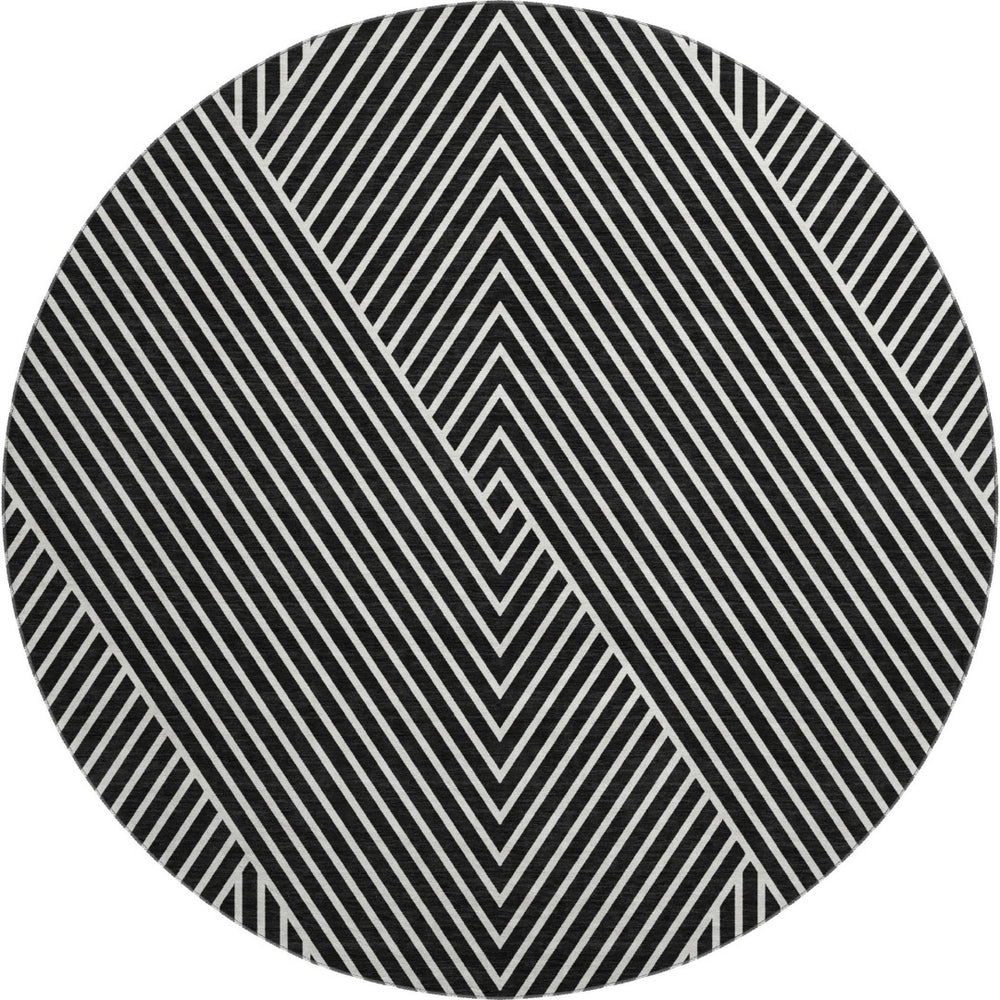 HomeRoots 8' Black And Ivory Geometric Round Rug - Washable, UV-Protected, Durable, Modern Design for Homes 674631