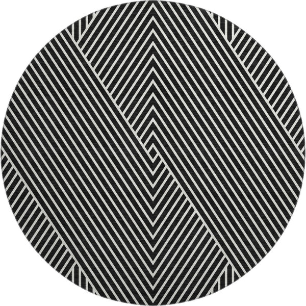 HomeRoots 8' Black And Ivory Geometric Round Rug - Washable, UV-Protected, Durable, Modern Design for Homes 674631