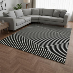 HomeRoots 9' X 12' Black And Ivory Geometric Area Rug – Washable, UV Protected, Durable, Ideal for Busy Homes 674633