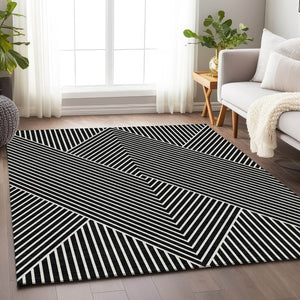 HomeRoots 9' X 12' Black And Ivory Geometric Area Rug – Washable, UV Protected, Durable, Ideal for Busy Homes 674633