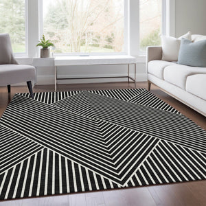 HomeRoots 9' X 12' Black And Ivory Geometric Area Rug – Washable, UV Protected, Durable, Ideal for Busy Homes 674633
