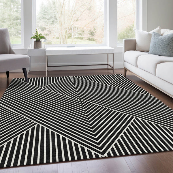 HomeRoots 9' X 12' Black And Ivory Geometric Area Rug – Washable, UV Protected, Durable, Ideal for Busy Homes 674633