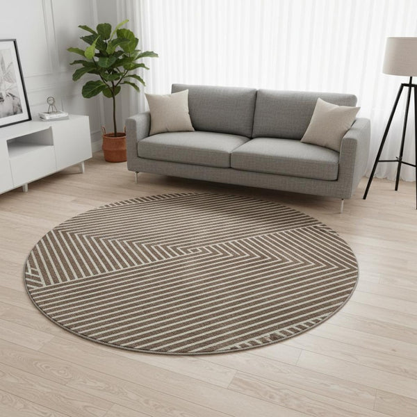 HomeRoots 8' Modern Brown and Beige Geometric Round Rug - Washable, UV-Protected, Stain-Resistant Design 674643