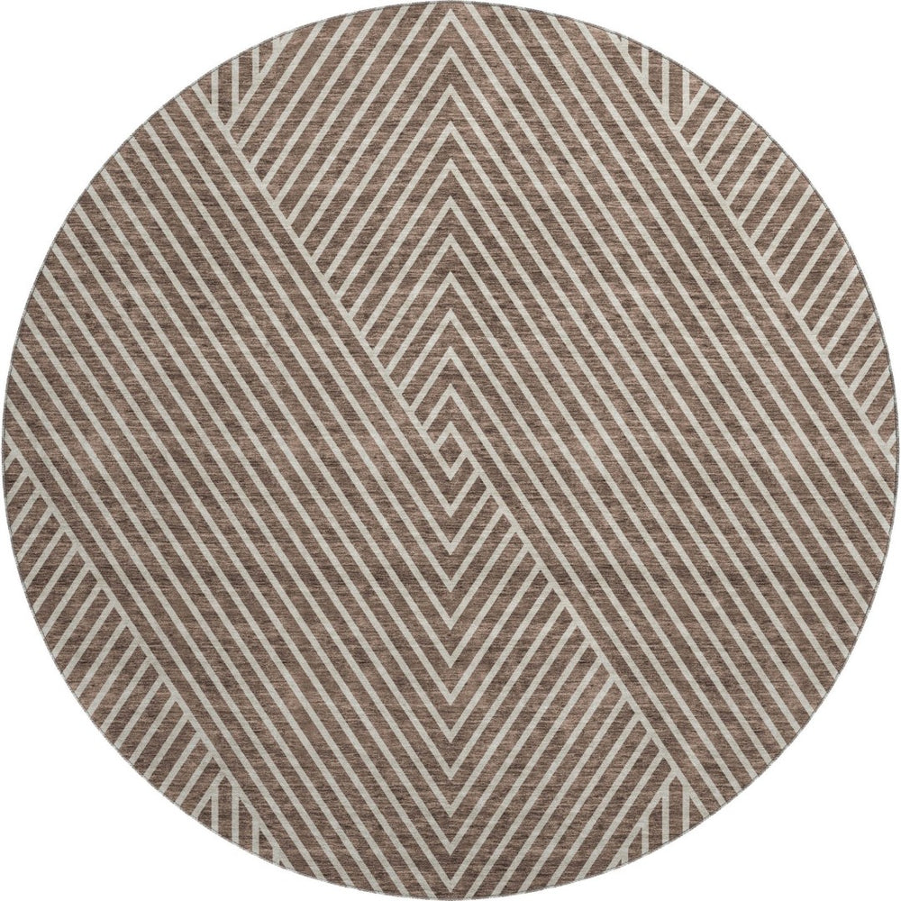 HomeRoots 8' Modern Brown and Beige Geometric Round Rug - Washable, UV-Protected, Stain-Resistant Design 674643