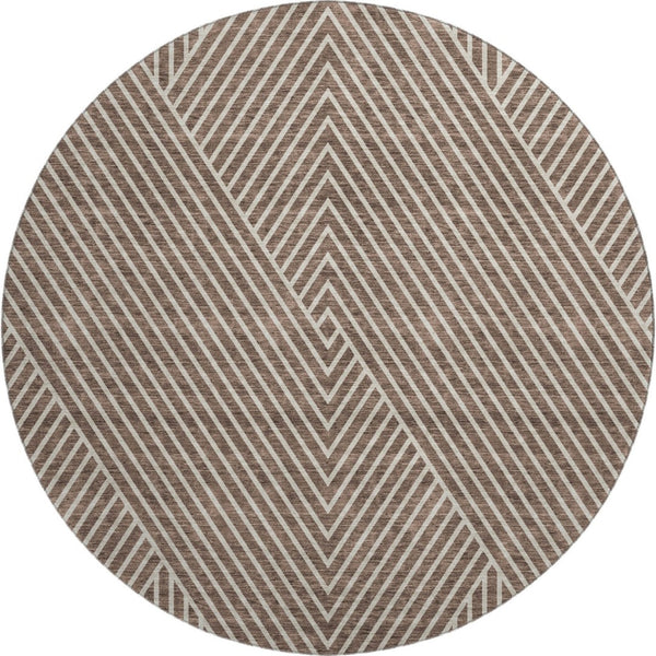 HomeRoots 8' Modern Brown and Beige Geometric Round Rug - Washable, UV-Protected, Stain-Resistant Design 674643