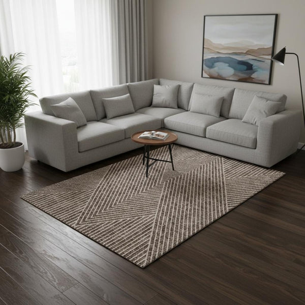 HomeRoots 9' X 12' Brown & Beige Geometric Washable Area Rug – Stylish, Durable, UV-Protected for High Traffic Areas 674645