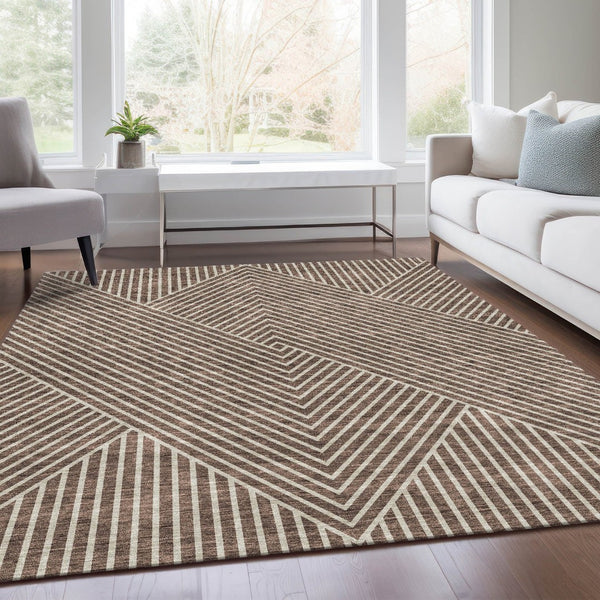 HomeRoots 9' X 12' Brown & Beige Geometric Washable Area Rug – Stylish, Durable, UV-Protected for High Traffic Areas 674645