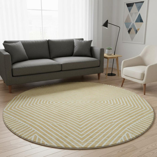 HomeRoots 8' Gold and Ivory Geometric Round Rug – Washable, UV Protected, Perfect for Busy Homes & Pets! 674649