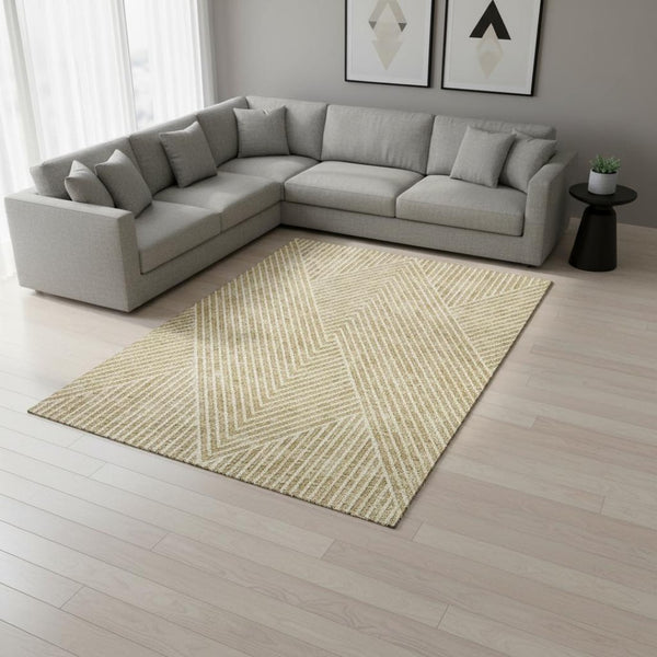 HomeRoots 9' X 12' Gold And Ivory Geometric Area Rug – Durable, Washable, UV-Protected for Stylish Homes 674651