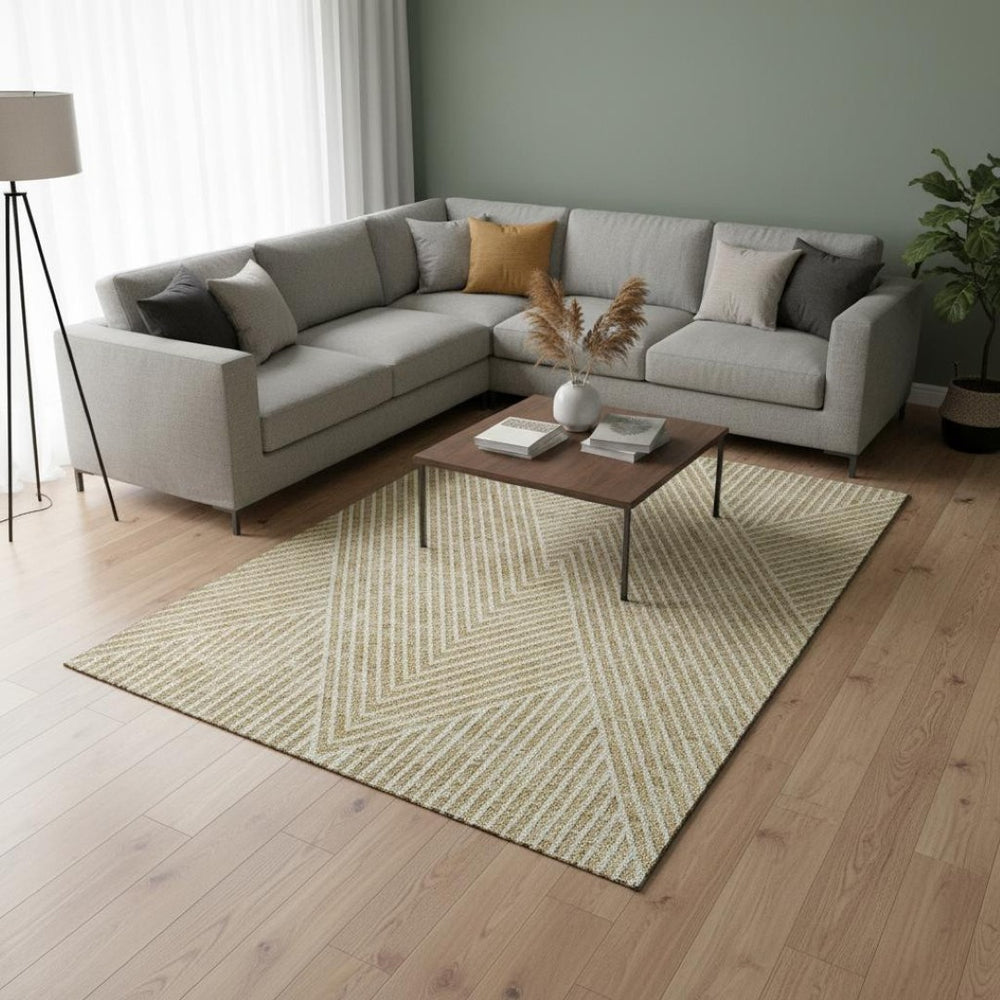 HomeRoots 10' X 14' Gold and Ivory Geometric Area Rug – Washable, UV Protected, Modern Style for Any Room 674652
