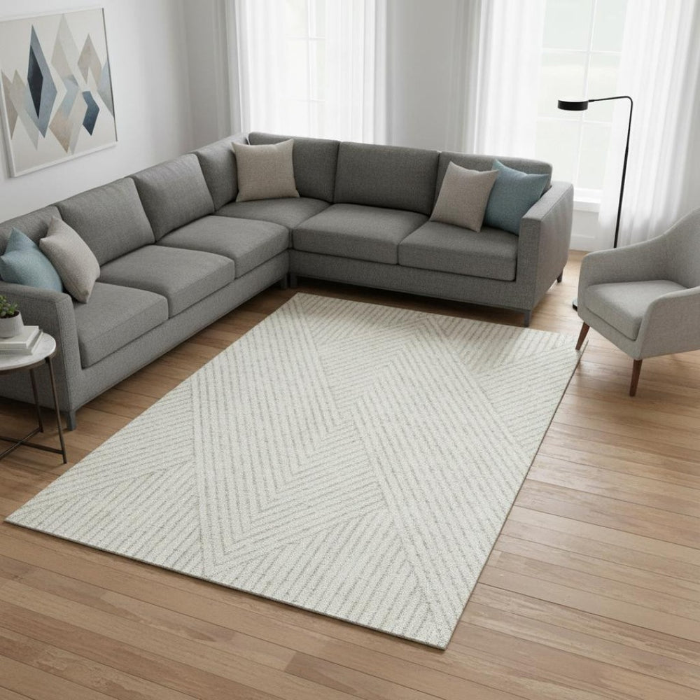 HomeRoots 8' X 10' Ivory and Beige Geometric Area Rug – Washable, UV-Protected, Stylish & Stain-Resistant Design 674662