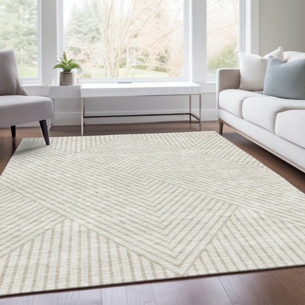 HomeRoots 8' X 10' Ivory and Beige Geometric Area Rug – Washable, UV-Protected, Stylish & Stain-Resistant Design 674662