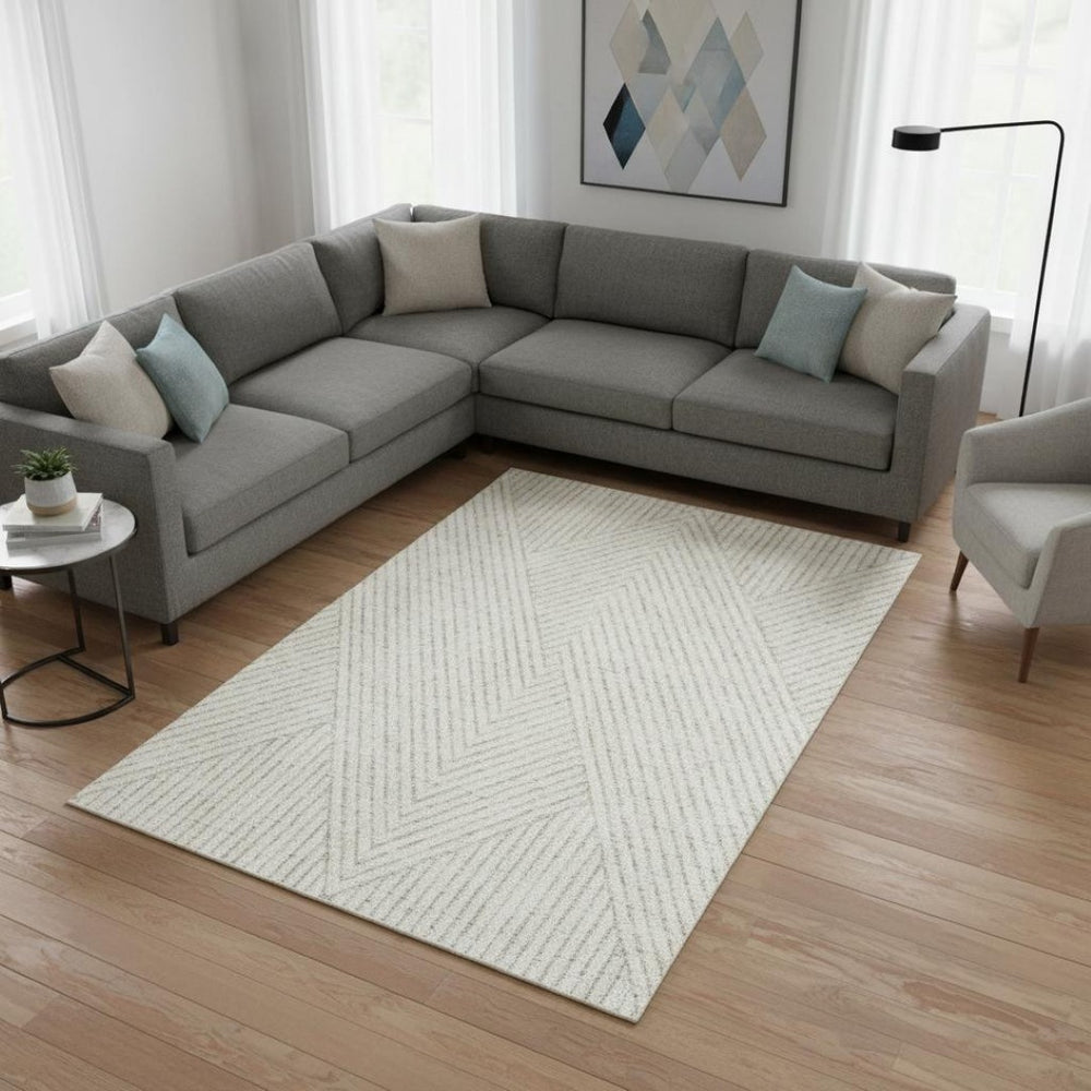 HomeRoots 9' X 12' Ivory & Beige Geometric Area Rug - Soft, Washable, UV-Protected for Modern Homes & Families 674663