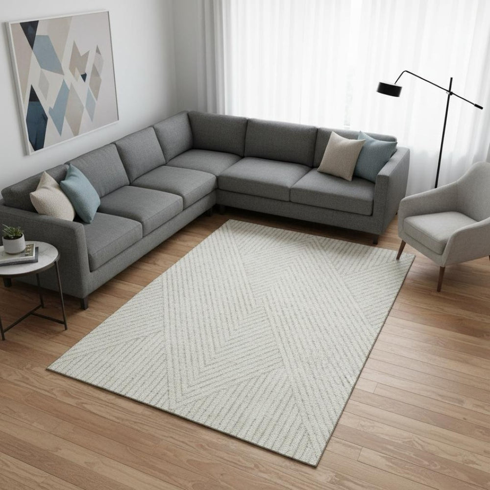 HomeRoots 10' X 14' Ivory and Beige Geometric Area Rug – Stylish, Washable, UV Protected for Homes with Kids & Pets 674664