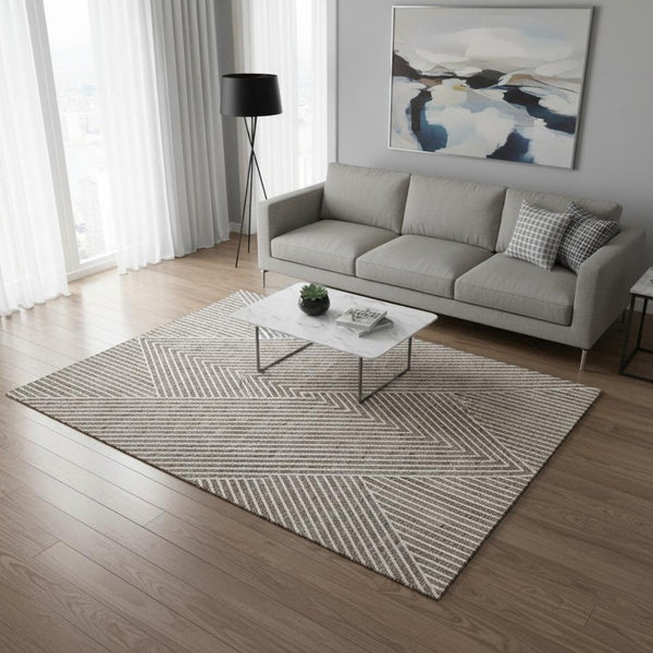 HomeRoots 5' X 8' Taupe & Ivory Geometric Washable Area Rug - Durable, Stylish & Perfect for High-Traffic Spaces! 674666