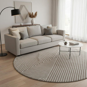 HomeRoots 8' Taupe and Ivory Geometric Round Washable Rug with UV Protection for Modern Home Style and Durability 674667