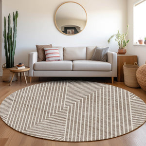 HomeRoots 8' Taupe and Ivory Geometric Round Washable Rug with UV Protection for Modern Home Style and Durability 674667