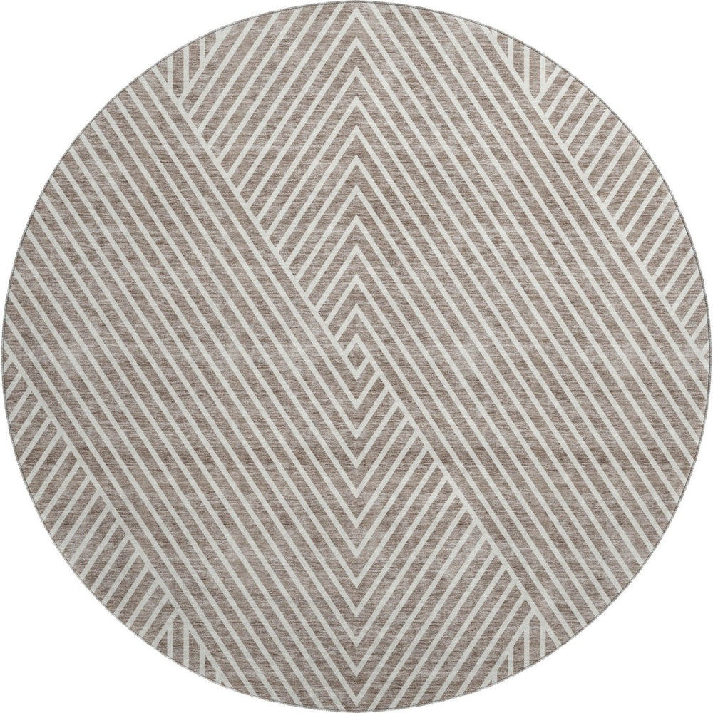 HomeRoots 8' Taupe and Ivory Geometric Round Washable Rug with UV Protection for Modern Home Style and Durability 674667
