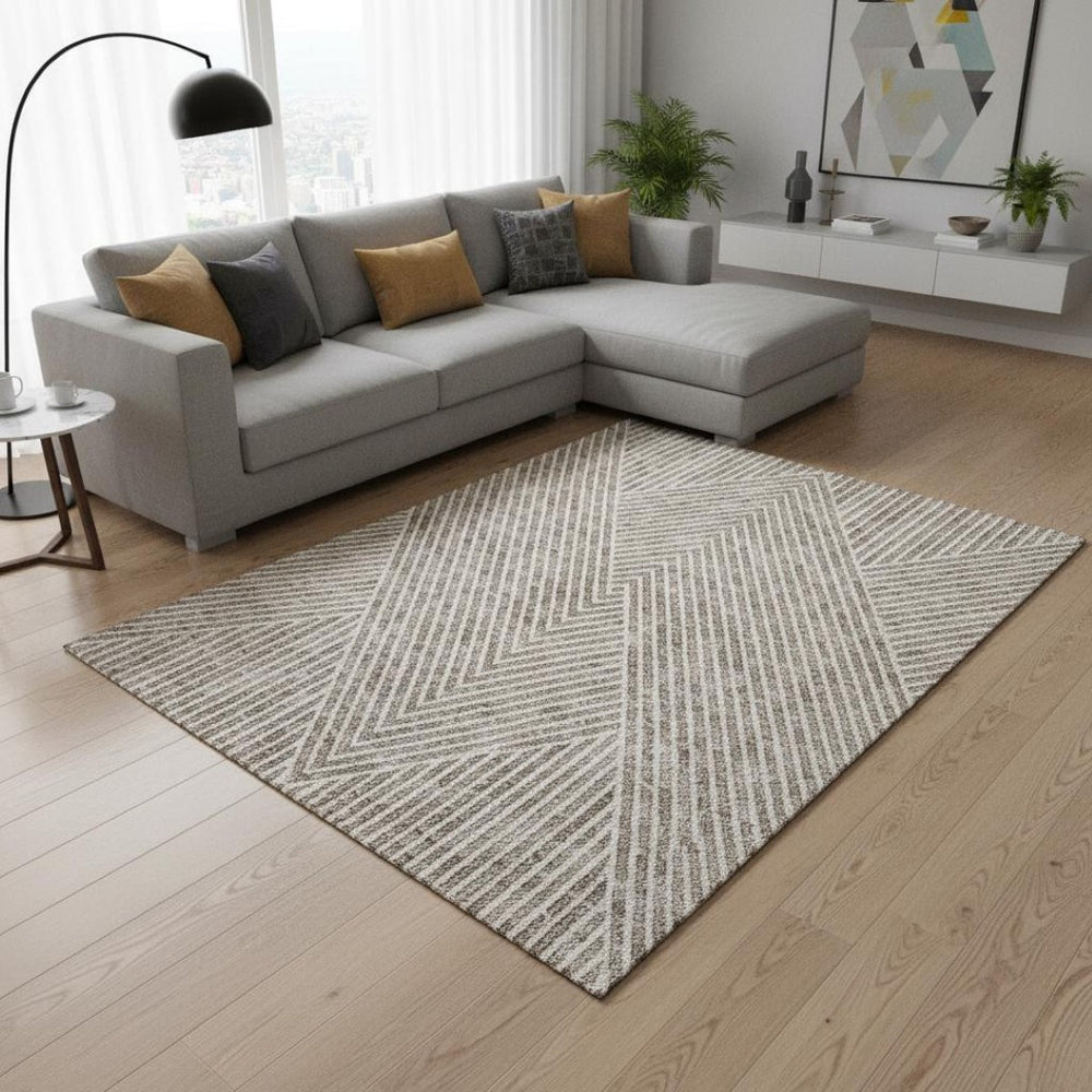 HomeRoots 9' X 12' Taupe and Ivory Geometric Area Rug - Washable, UV-Protected, Durable, Perfect for Busy Homes 674669