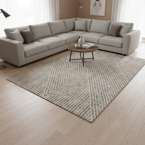 HomeRoots 10' X 14' Taupe and Ivory Geometric Area Rug - Durable, UV-Protected, Washable for Modern Spaces 674670