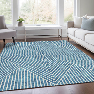HomeRoots 5' X 8' Teal and Ivory Geometric Area Rug - Durable, Washable, UV-Protected for Modern Spaces 674672