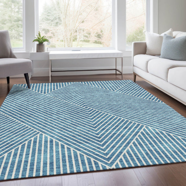 HomeRoots 5' X 8' Teal and Ivory Geometric Area Rug - Durable, Washable, UV-Protected for Modern Spaces 674672