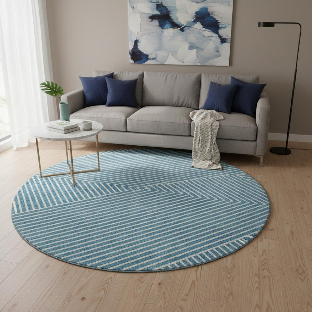 HomeRoots 8' Teal And Ivory Round Rug - Durable, Washable, UV-Protected, Stylish Geometric Design for Any Room 674673