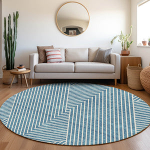 HomeRoots 8' Teal And Ivory Round Rug - Durable, Washable, UV-Protected, Stylish Geometric Design for Any Room 674673