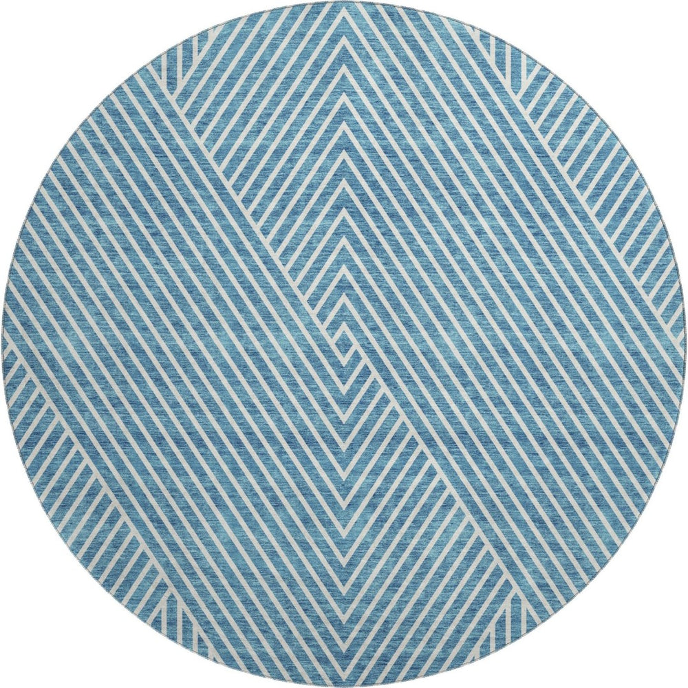 HomeRoots 8' Teal And Ivory Round Rug - Durable, Washable, UV-Protected, Stylish Geometric Design for Any Room 674673