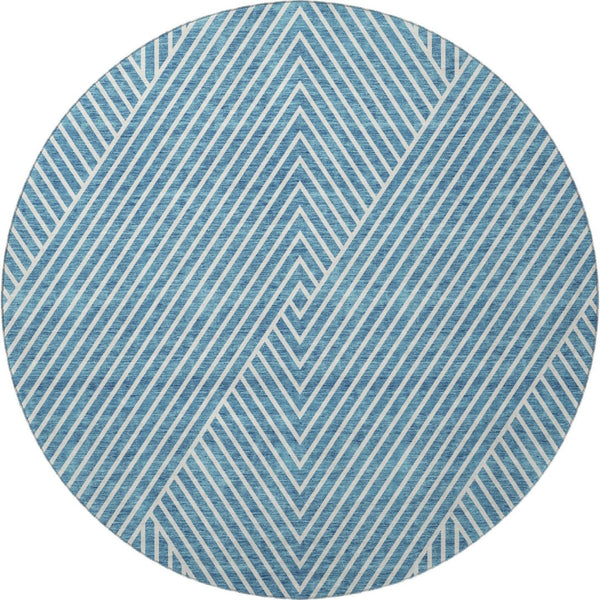 HomeRoots 8' Teal And Ivory Round Rug - Durable, Washable, UV-Protected, Stylish Geometric Design for Any Room 674673
