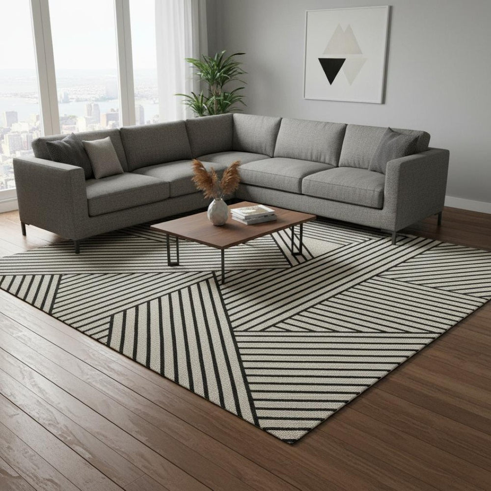 HomeRoots 9' X 12' Modern Black and White Geometric Area Rug – Washable, Stain Resistant with UV Protection 674687