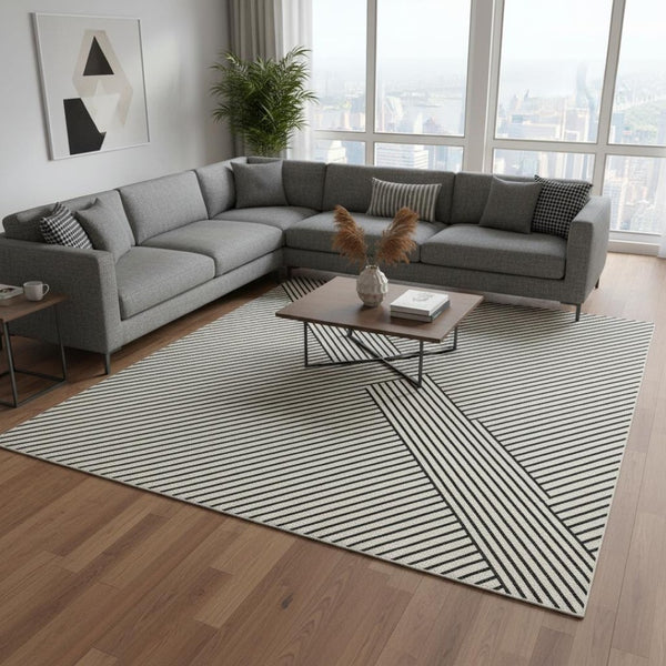 HomeRoots 10' X 14' Stylish White & Black Geometric Area Rug – Washable, UV-Protected, Perfect for Active Homes! 674688