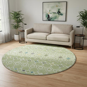 HomeRoots 8' Southwestern Round Rug in Artichoke Green, Ivory & Teal - Washable, UV-Protected & Durable Design 674691