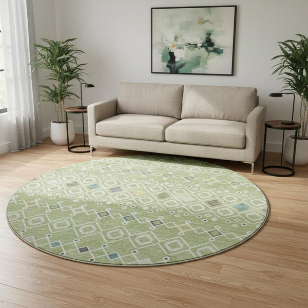 HomeRoots 8' Southwestern Round Rug in Artichoke Green, Ivory & Teal - Washable, UV-Protected & Durable Design 674691