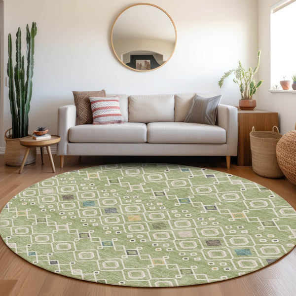 HomeRoots 8' Southwestern Round Rug in Artichoke Green, Ivory & Teal - Washable, UV-Protected & Durable Design 674691