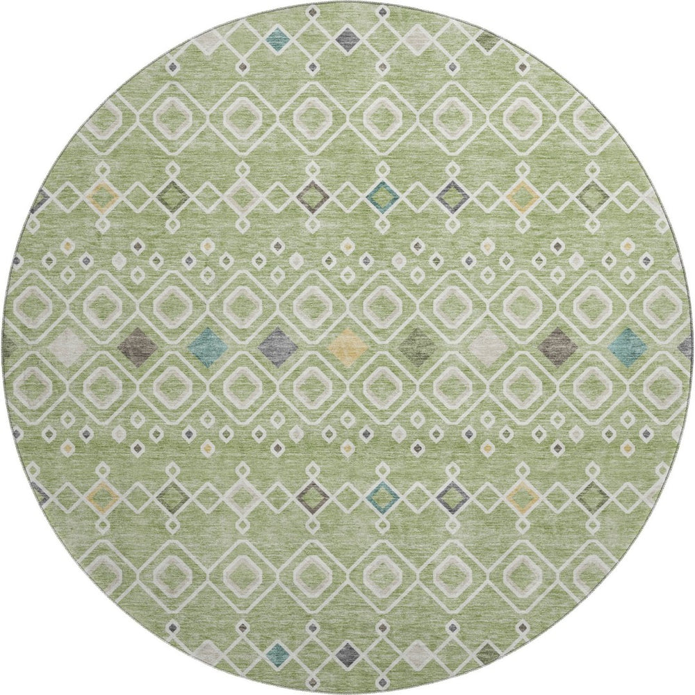 HomeRoots 8' Southwestern Round Rug in Artichoke Green, Ivory & Teal - Washable, UV-Protected & Durable Design 674691