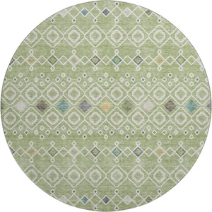 HomeRoots 8' Southwestern Round Rug in Artichoke Green, Ivory & Teal - Washable, UV-Protected & Durable Design 674691