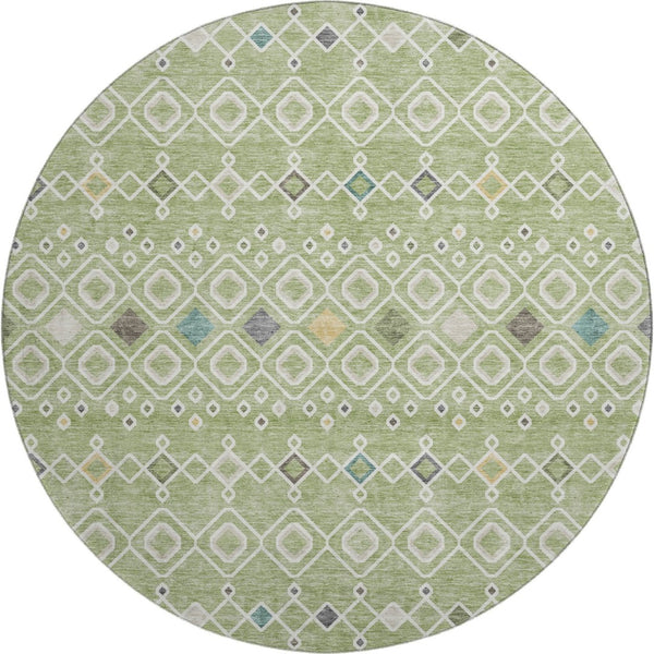 HomeRoots 8' Southwestern Round Rug in Artichoke Green, Ivory & Teal - Washable, UV-Protected & Durable Design 674691