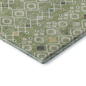 HomeRoots 8' Southwestern Round Rug in Artichoke Green, Ivory & Teal - Washable, UV-Protected & Durable Design 674691